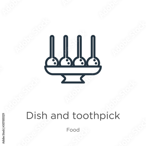 Dish and toothpick icon. Thin linear dish and toothpick outline icon isolated on white background from food collection. Line vector dish and toothpick sign, symbol for web and mobile