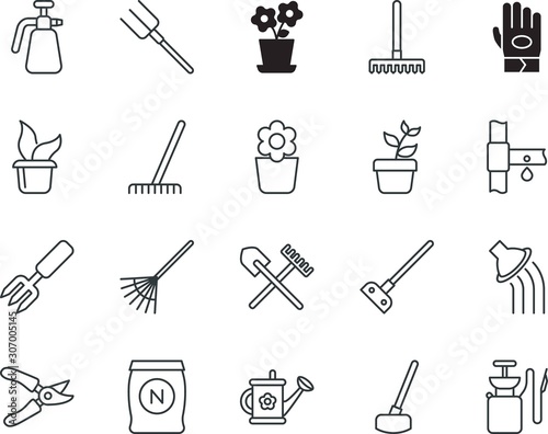 gardening vector icon set such as: sprinkle, protection, decoration, appliance, chemistry, pipe, pruners, shears, stock, finger, household, repair, pruning, security, nitrogen, yellow, trim, iron