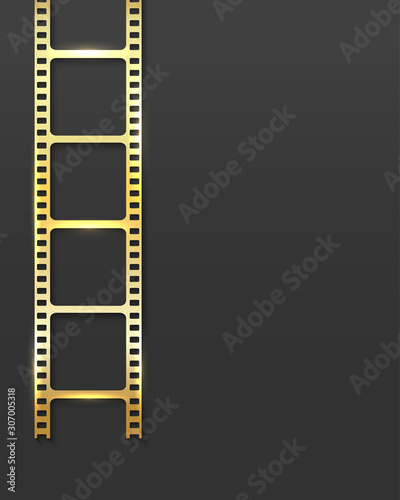 Realistic 3D gold cinema film strip isolated on grey background. Festive design cinema film reel frame with place for text. Vector template movie for advertisement, poster, brochure, banner, flyer.