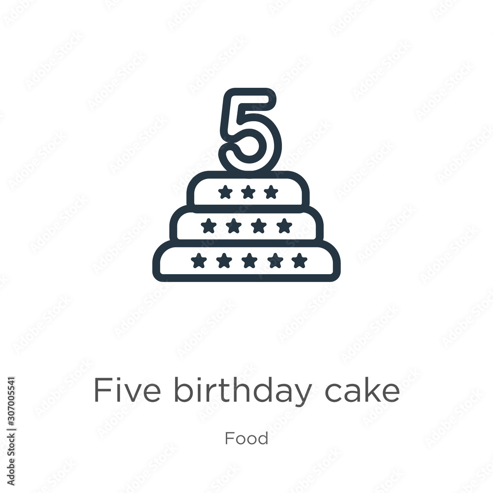 Five birthday cake icon. Thin linear five birthday cake outline icon isolated on white background from food collection. Line vector five birthday cake sign, symbol for web and mobile