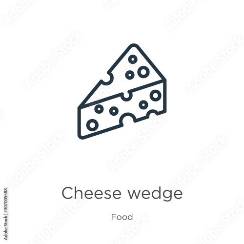 Cheese wedge icon. Thin linear cheese wedge outline icon isolated on white background from food collection. Line vector cheese wedge sign, symbol for web and mobile