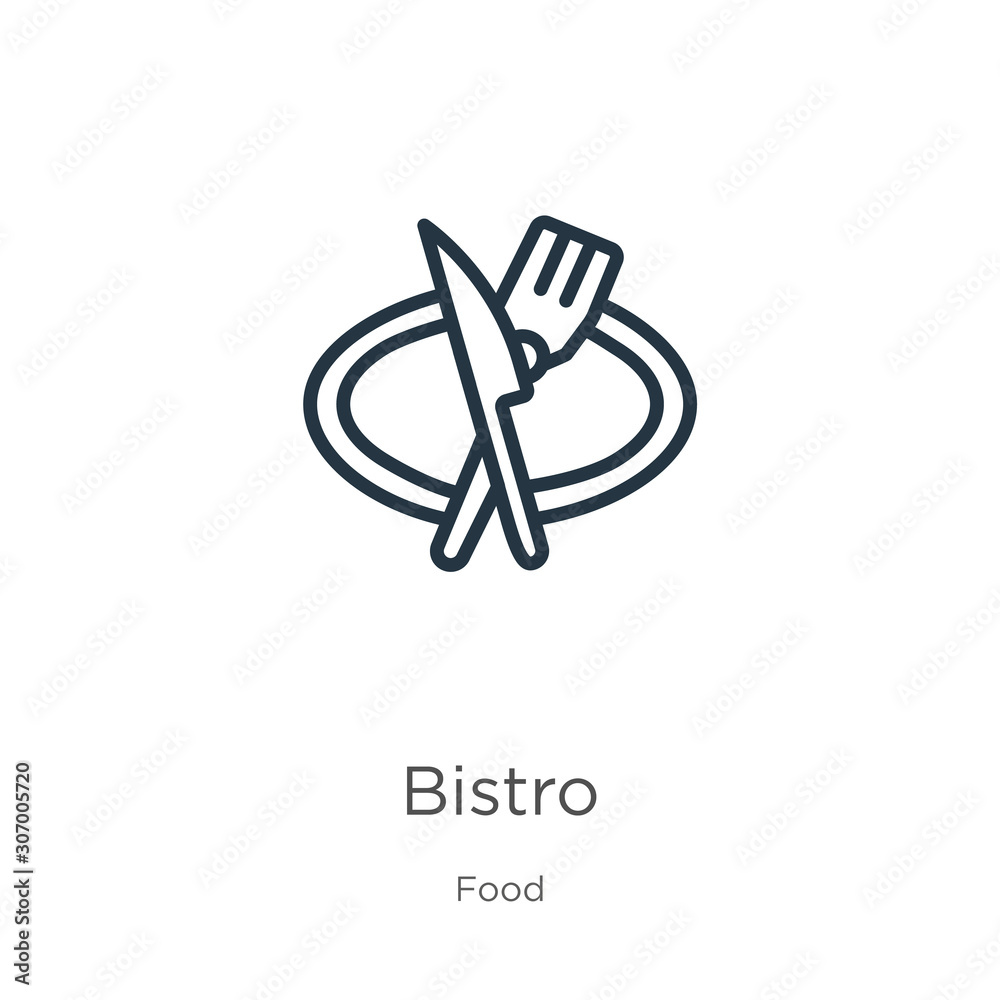 Bistro icon. Thin linear bistro outline icon isolated on white background from food collection. Line vector bistro sign, symbol for web and mobile Bistro icon. Thin linear bistro outline icon isolated on white background from food collection. Line vector bistro sign, symbol for web and mobile