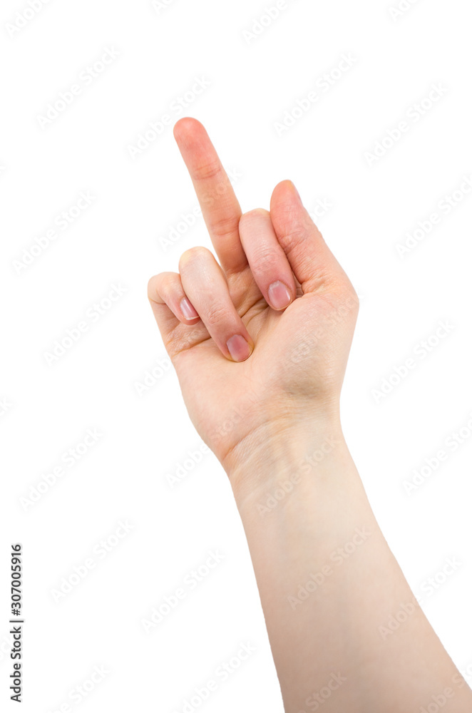 female hand showing middle finger isolated on a white background, the sign of failure female hand showing middle finger isolated on a white background, the sign of failure