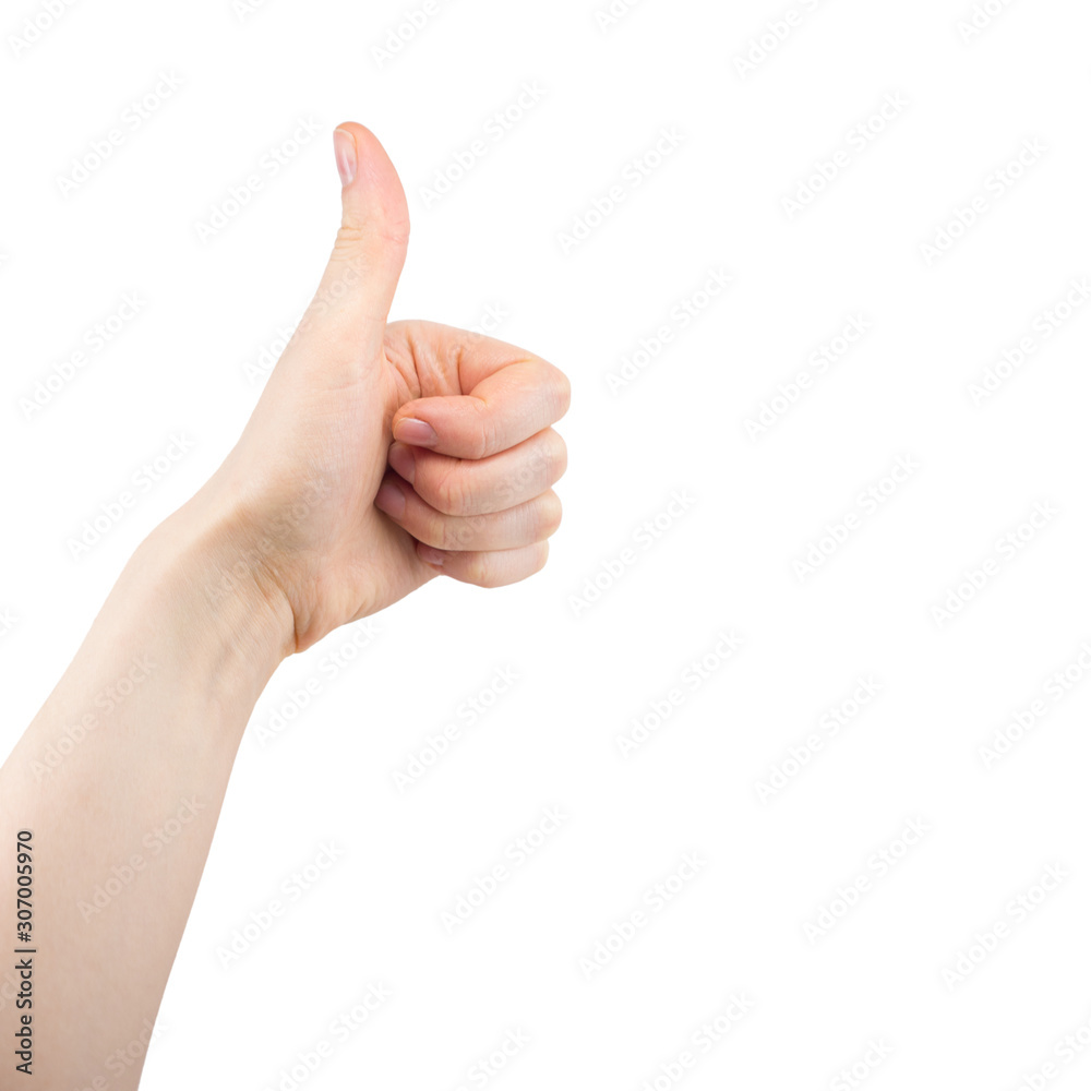 hand with raised up thumb, sign well, super, isolated on white background hand with raised up thumb, sign well, super, isolated on white background