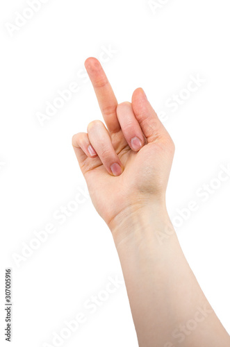 female hand showing middle finger isolated on a white background, the sign of failure