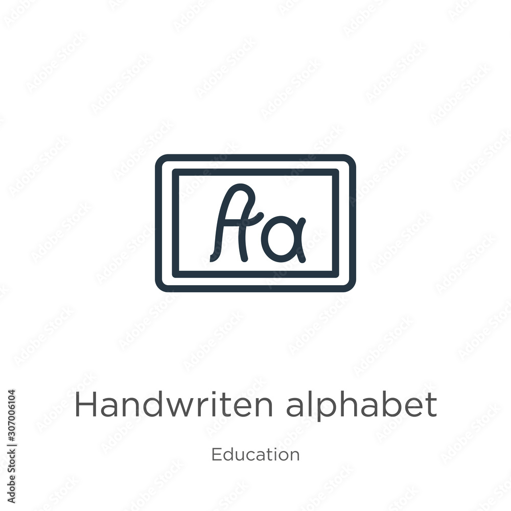 Handwriten alphabet icon. Thin linear handwriten alphabet outline icon isolated on white background from education collection. Line vector handwriten alphabet sign, symbol for web and mobile