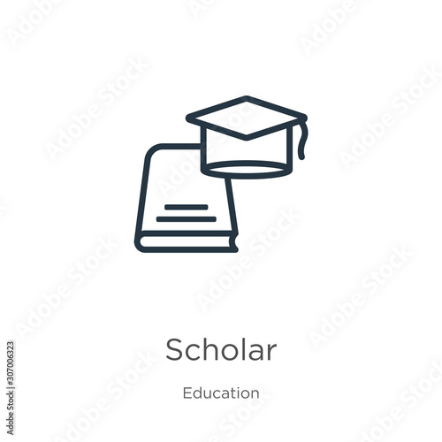 Scholar icon. Thin linear scholar outline icon isolated on white background from education collection. Line vector scholar sign, symbol for web and mobile
