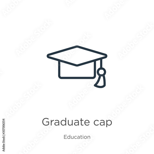 Graduate cap icon. Thin linear graduate cap outline icon isolated on white background from education collection. Line vector graduate cap sign, symbol for web and mobile