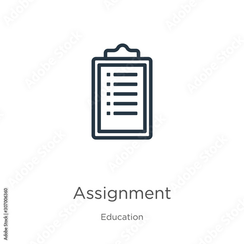 Assignment icon. Thin linear assignment outline icon isolated on white background from education collection. Line vector assignment sign, symbol for web and mobile © Premium Art