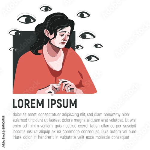Peeping and bullying over an upset woman. Concept of depression or mental disorder. Concept of inability to tell about experience of sexual abuse, assault, violence, psychological problem