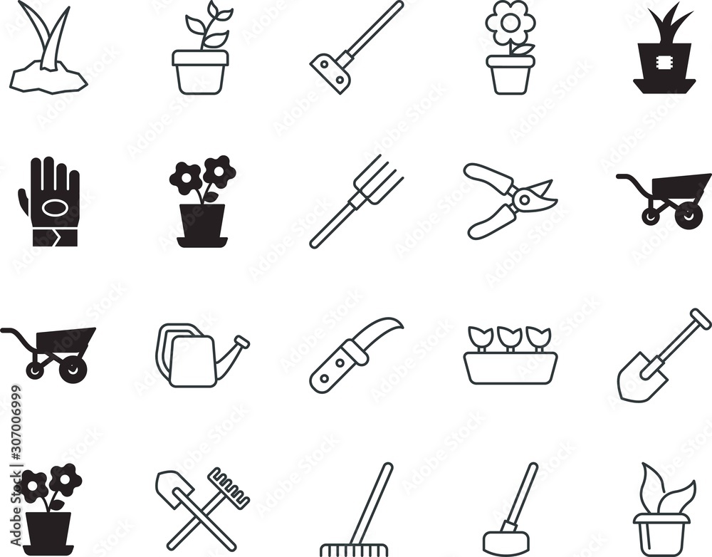 Obraz premium gardening vector icon set such as: security, snow, sharp, iron, cultivator, gloves, component, water, landscape, working, emblem, container, beautiful, cutout, science, utensil, knowledge, pair