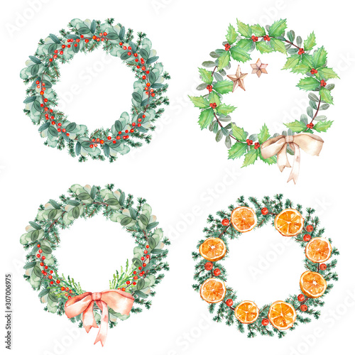 Watercolor hand painted botanical Christmas tree holiday wreath illustration isolated on white background collection