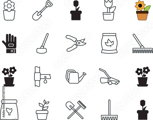 gardening vector icon set such as: seedling, pruners, home, safety, lawnmower, repair, fabric, gloves, labor, young, mini, clothing, watering-can, sapling, livestock, working, machine, fork, scoop