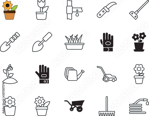 gardening vector icon set such as: harrow, industry, labor, trim, site, transport, emergency, hose, landscape, general purpose, greenhouse, cart, cutting, carry, emblem, universal, shovel, website
