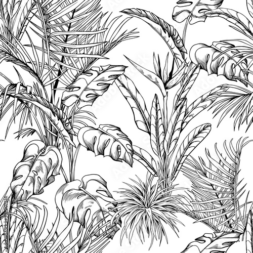 Seamless pattern with tropical palm leaves and branches. Hand drawn vector illustration.