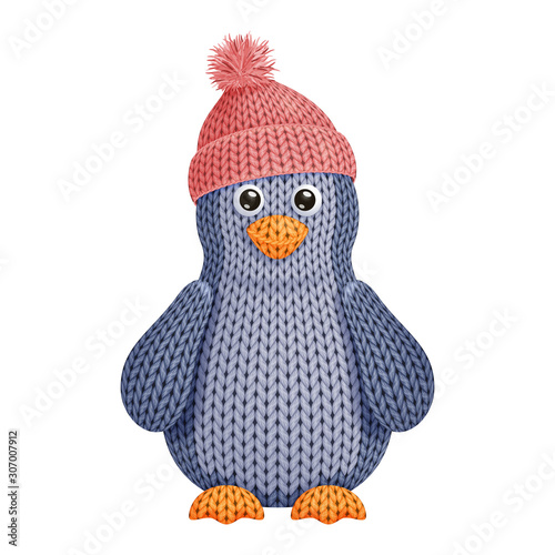 Illustration of a funny knitted penguin toy in knitted winter cap. On white background