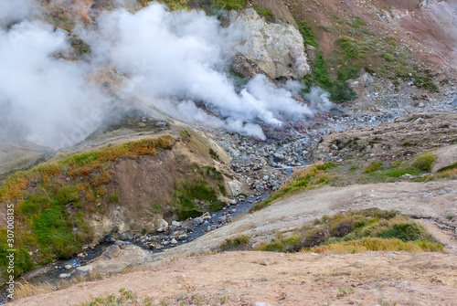 valley of geysers, green valley of soaring geysers, warm water vapor © daniiD