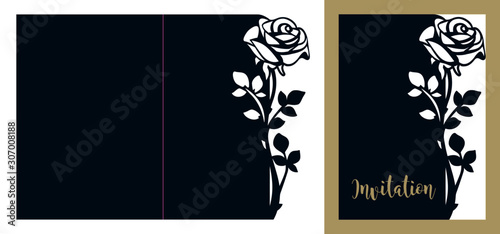 Laser cutting template of openwork vector silhouette. Floral wedding invitation with cutout rose. Lace border die cut card at vintage style for Valentine's day.