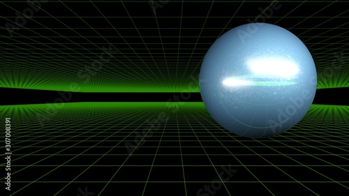 Blue glossy sphere on black background with green grid - 3D rendering illustration