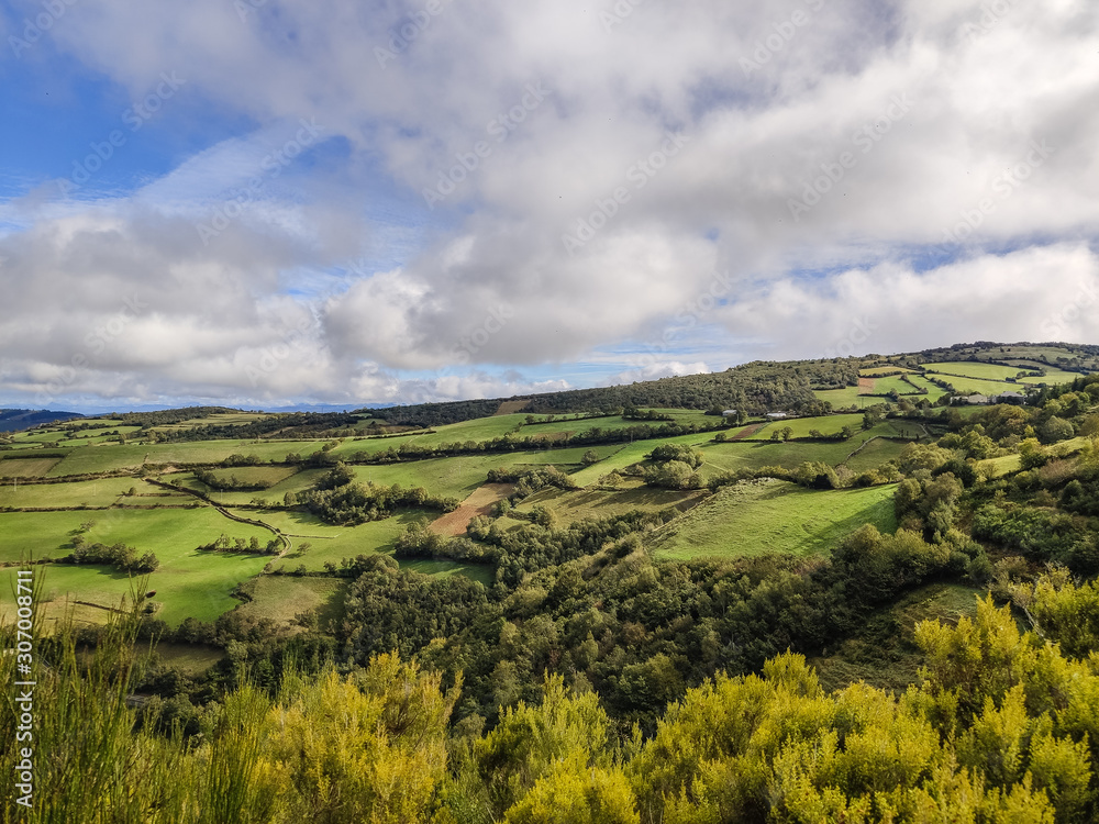 On the Camino of Santiago, view of green hills of Galicia