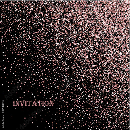 Pink gold glitter. Scatter bottom gradient with pink gold glitter on black background.