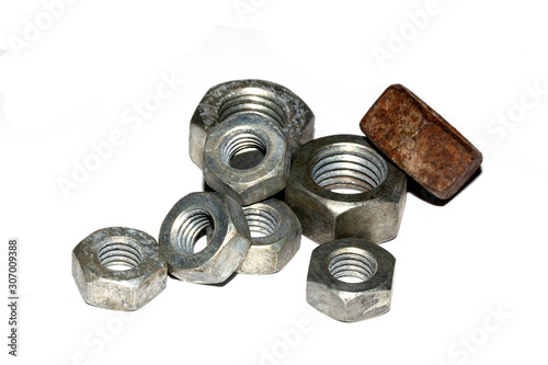 Collection of Old Bolt, Screws, Nuts Engineering Metal Tools on White Background