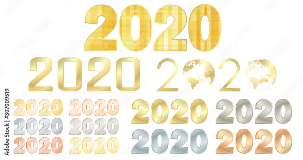 Set of inscriptions from precious metals 2020. Numeric font two thousand and twentieth year of gold, silver, copper. New calendar year. Calendar design. Screensaver for diaries. Vector illustration.