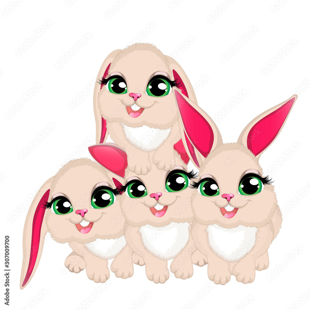 Gorgeous little white fluffy rabbits .Cute cartoon vector characters.EPS10.Vector Illustration.