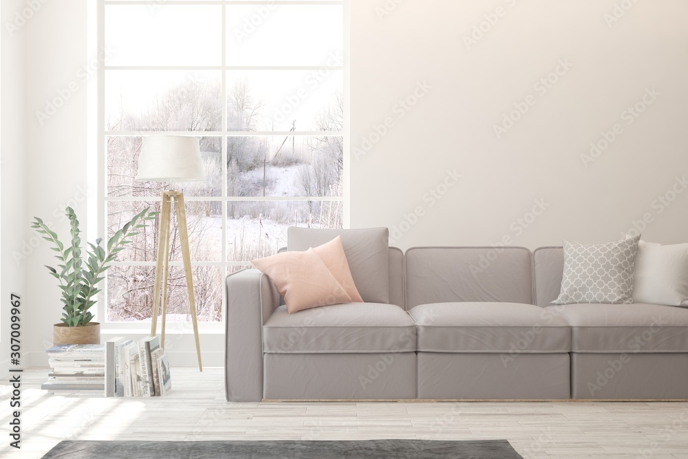 Stylish room in white color with sofa and winter landscape in window. Scandinavian interior design. 3D illustration Stylish room in white color with sofa and winter landscape in window. Scandinavian interior design. 3D illustration