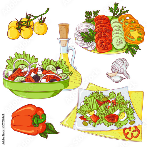 Salads set. Vector illustration isolated on a white background. Set of greek salad, fresh salad, vegetable slices. Design for stickers, icons, menus, cookbooks.
