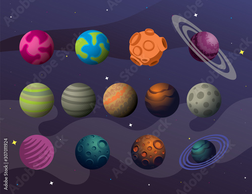 Vector illustration. Colorful planets in space with stars.
