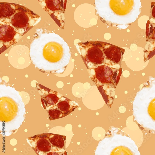 Pizza slices with pepperoni, cheese and fried eggs, fast food seamless pattern. Breakfast oily meal repetitive background.