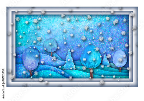 Happy new year and Merry christmas design. Watercolour hand drawn hills  trees  snowflakes