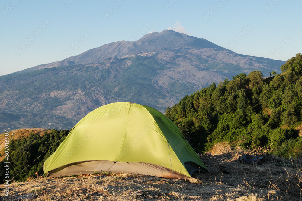 Green Tent In Front Of Etna Mount, Sicily