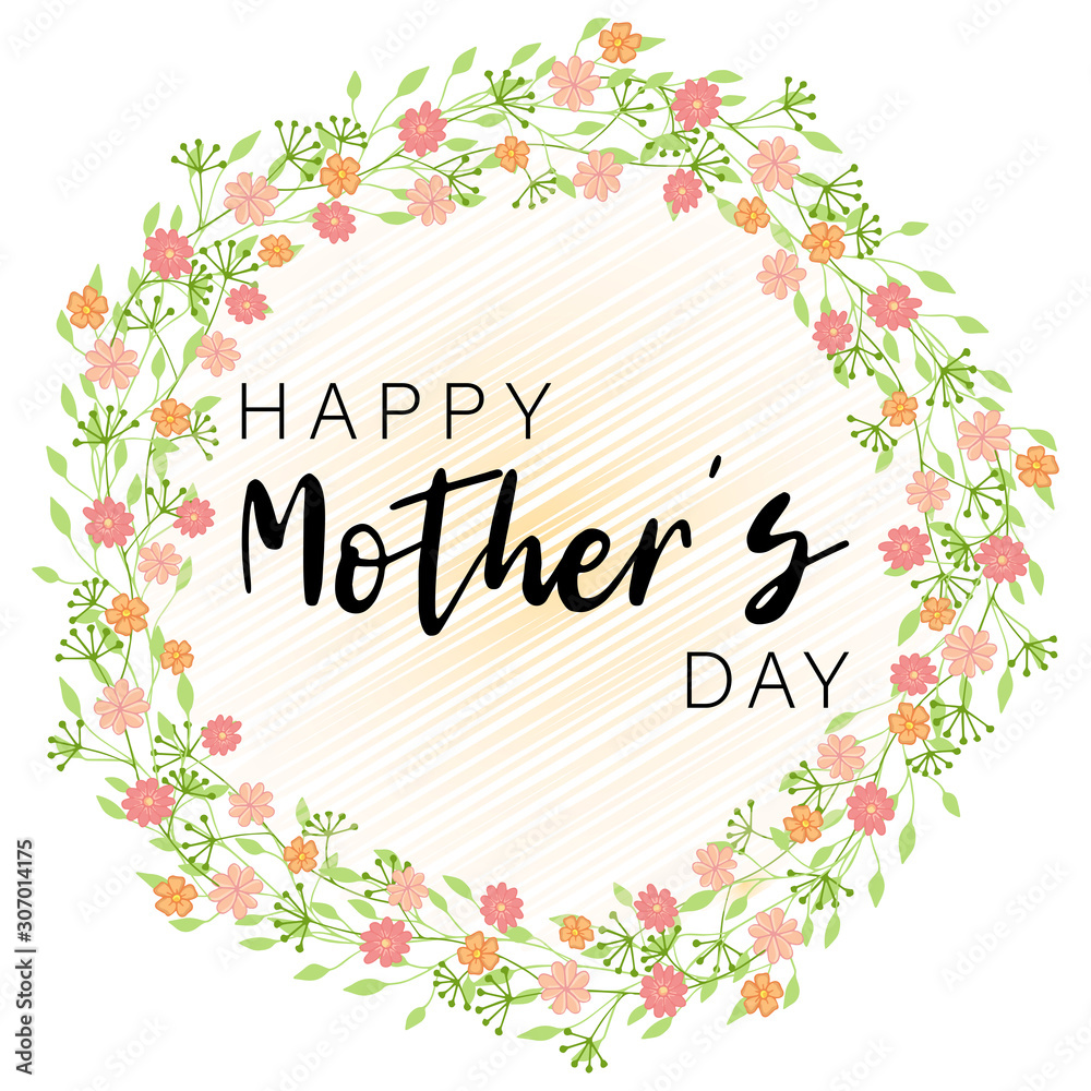 Flower happy mother day in beautiful style on white background. Design template greeting card. Vintage floral wreath. Summer vector illustration. Floral wreath frame. Happy mother day flower card.