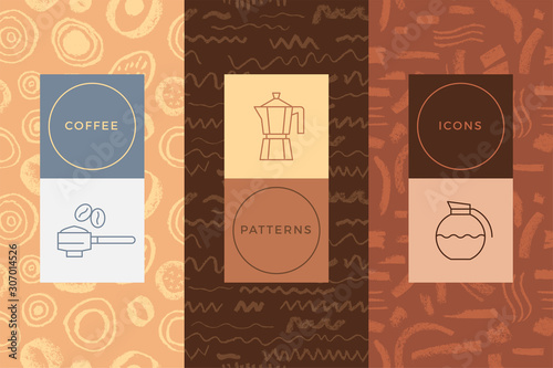 Coffee line icon with abstract seamless pattern, vector creative background. Coffee shop emblem, cafe menu, packaging design, organic coffee logo, take away coffee, 100% arabica badge.