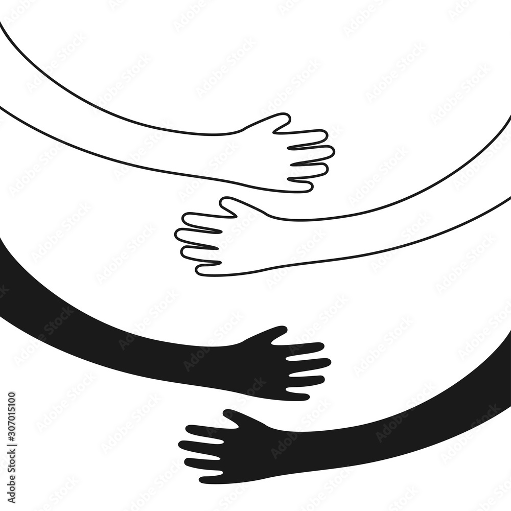 Hugging hands. Arm embrace, belief togetherness unique relationship hugged hands vector isolated concept Hugging hands. Arm embrace, belief togetherness unique relationship hugged hands vector isolated concept