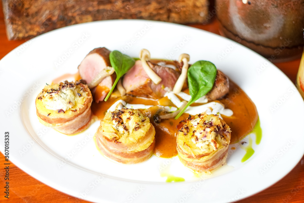Chicken dish on a restaurant table Chicken dish on a restaurant table