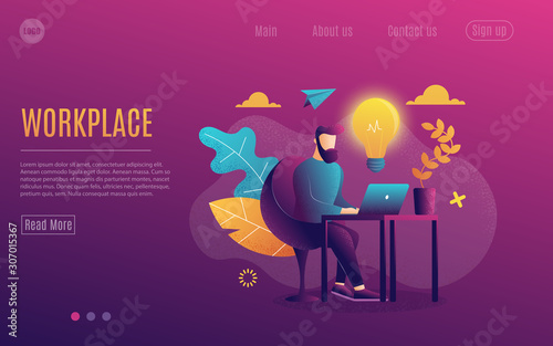 A man at work. Working at a laptop. Flat Colorful style.Workplace. Web page template. Violet Background. Vector illustration