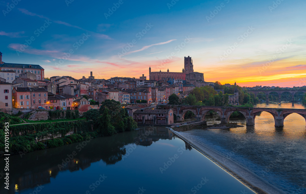 View at Cathedral of Saint Cecilia of Albi, France. Early in the day and evening