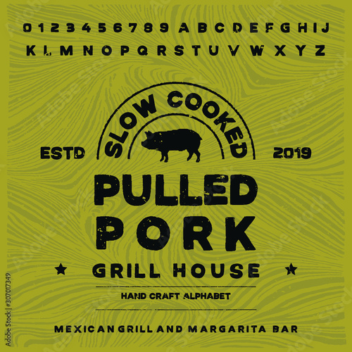 Hand drawn font for cafes, bars, restaurants where meat is eaten. Brazier, blood, grill, open fire inspired typeface. Textured unique script style alphabet. Letters and numbers. Vector Illustration.