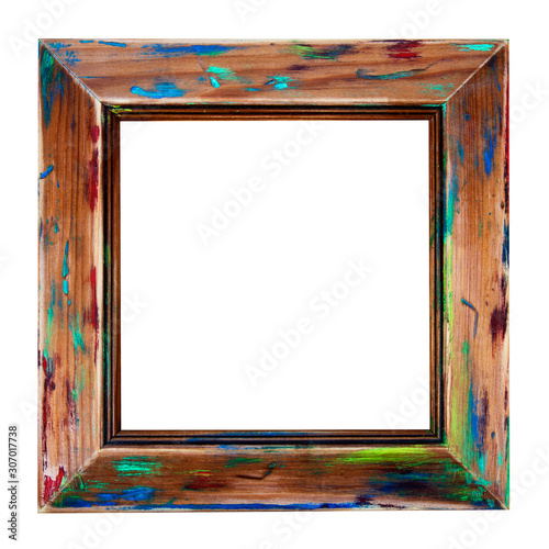 Wooden picture frame - isolated on white background - as a painted and rustic, sanded art frame, with faded paint - creative & original abstract design.