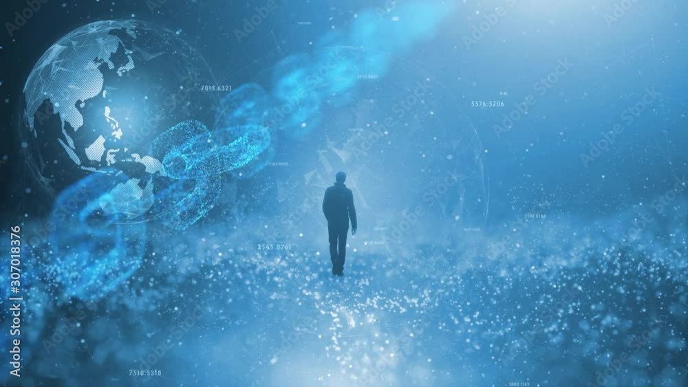 Man person walks on top of the digital computer network with cyberspace earth planet animation background.