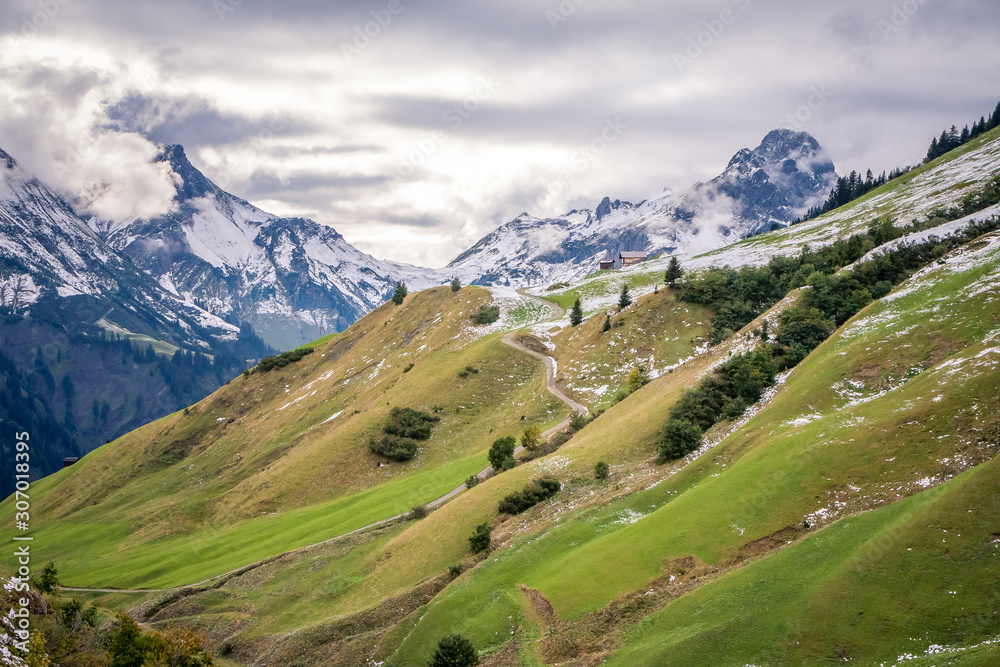 Mountain landscape in alpine village of Warth, Lechtal, Austria.