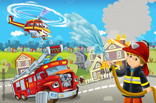 cartoon stage with different machines for firefighting colorful and cheerful scene with fireman - illustration for children © honeyflavour