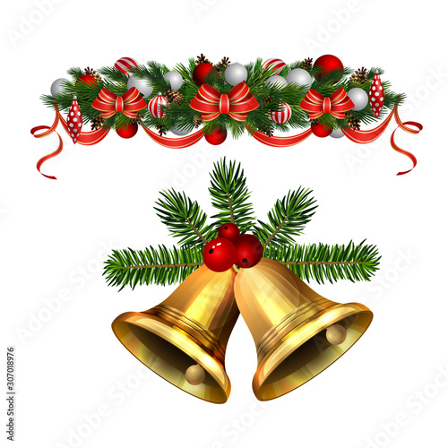 Christmas decorations with fir tree golden jingle bells