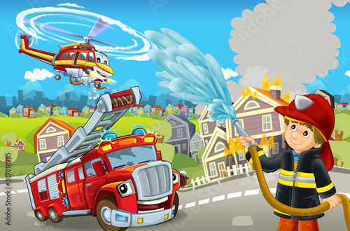 Fototapeta Naklejka Na Ścianę i Meble -  cartoon stage with different machines for firefighting colorful and cheerful scene with fireman - illustration for children