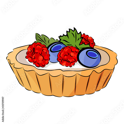 Realistic fruit cupcake. Blueberry, mint, raspberry and yogurt or cream sauce in the shortbread cup. Isolated on the white background. Vector illustration