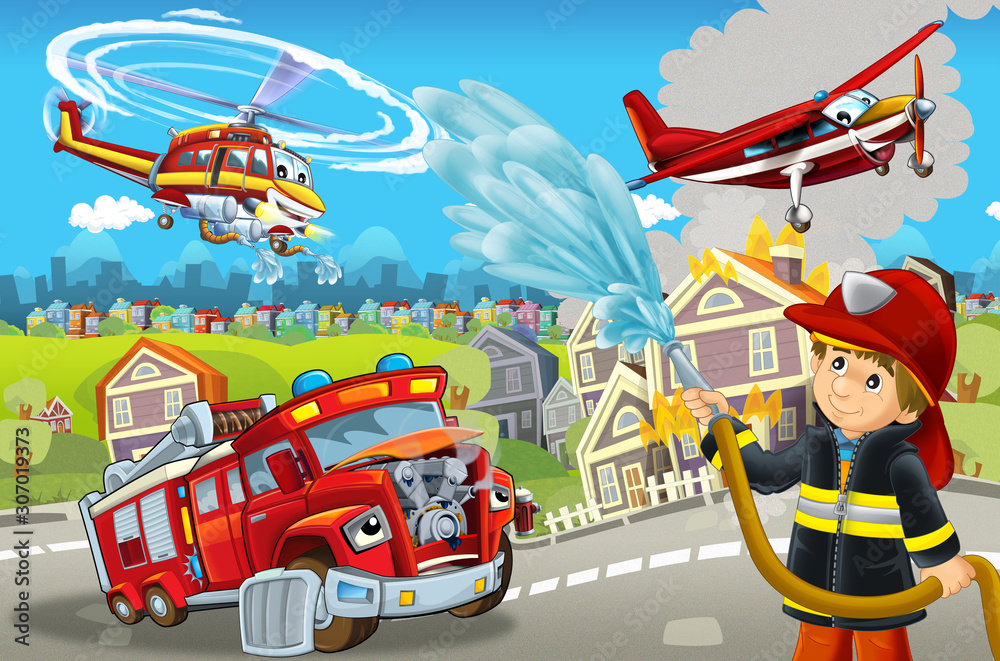 cartoon stage with different machines for firefighting colorful and cheerful scene with fireman - illustration for children