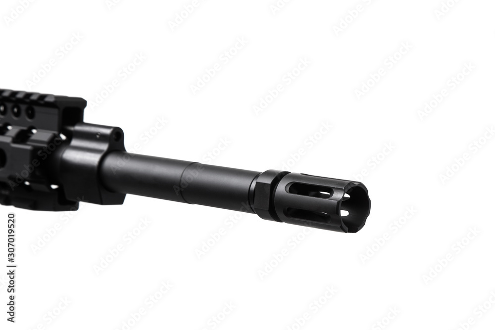 Modern automatic rifle isolated on white background. Tactical carbine for police and army. Weapons for attack and defense. Modern automatic rifle isolated on white background. Tactical carbine for police and army. Weapons for attack and defense.